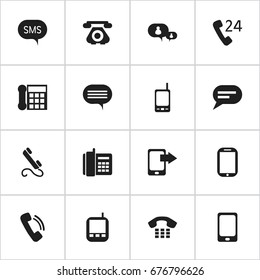 Set Of 16 Editable Phone Icons. Includes Symbols Such As Retro Telecommunication, Transceiver, 24 Hour Servicing And More. Can Be Used For Web, Mobile, UI And Infographic Design.