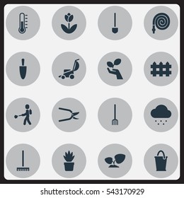 Set Of 16 Editable Plant Icons. Includes Symbols Such As Vacuum Cleaner, Hosepipe, Bucket And More. Can Be Used For Web, Mobile, UI And Infographic Design.