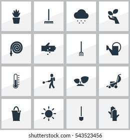 Set Of 16 Editable Plant Icons. Includes Symbols Such As Hay Fork, Seed Planting, Sunshine And More. Can Be Used For Web, Mobile, UI And Infographic Design.