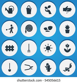 Set Of 16 Editable Plant Icons. Includes Symbols Such As Working Gloves, Wooden Barrier, Bailer And More. Can Be Used For Web, Mobile, UI And Infographic Design.