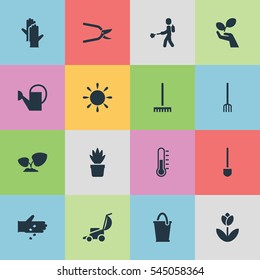 Set Of 16 Editable Plant Icons. Includes Symbols Such As Plant Spray, Vacuum Cleaner, Bucket And More. Can Be Used For Web, Mobile, UI And Infographic Design.