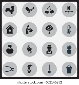 Set Of 16 Editable Plant Icons. Includes Symbols Such As Farmer, Birdhouse, Pot Bush And More. Can Be Used For Web, Mobile, UI And Infographic Design.