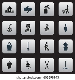 Set Of 16 Editable Plant Icons. Includes Symbols Such As Farm Tool, Farmer, Garden Scissors And More. Can Be Used For Web, Mobile, UI And Infographic Design.