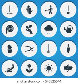 Set Of 16 Editable Planting Icons. Includes Symbols Such As Spade, Plant Spray, Rainy Cloud And More. Can Be Used For Web, Mobile, UI And Infographic Design.