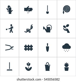 Set Of 16 Editable Planting Icons. Includes Symbols Such As Hosepipe, Beauty Flower, Plant Protection And More. Can Be Used For Web, Mobile, UI And Infographic Design.