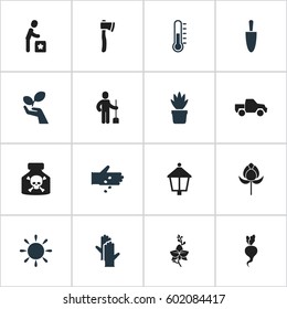 Set Of 16 Editable Planting Icons. Includes Symbols Such As Shovel, Radish, Working Gloves And More. Can Be Used For Web, Mobile, UI And Infographic Design.