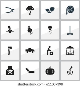 Set Of 16 Editable Planting Icons. Includes Symbols Such As Farm Tool, Plant Cutter, Garden Seat And More. Can Be Used For Web, Mobile, UI And Infographic Design.