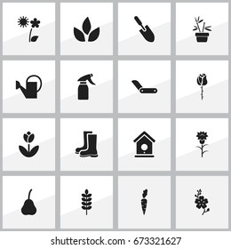 Set Of 16 Editable Planting Icons. Includes Symbols Such As Frond, Waterproof Shoes, Bio And More. Can Be Used For Web, Mobile, UI And Infographic Design.