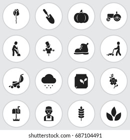 Set Of 16 Editable Planting Icons. Includes Symbols Such As Daffodils, Bugaboo, Grass Cutting Machine And More. Can Be Used For Web, Mobile, UI And Infographic Design.