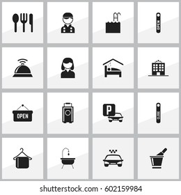 Set Of 16 Editable Plaza Icons. Includes Symbols Such As Auto Stand, Open Sign, Pool. Can Be Used For Web, Mobile, UI And Infographic Design.