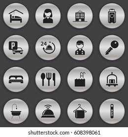 Set Of 16 Editable Plaza Icons. Includes Symbols Such As Hostel, Female, Service Bell And More. Can Be Used For Web, Mobile, UI And Infographic Design.