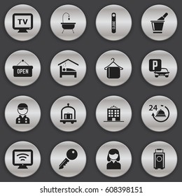 Set Of 16 Editable Plaza Icons. Includes Symbols Such As Reception, Female, Auto Stand. Can Be Used For Web, Mobile, UI And Infographic Design.
