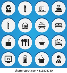 Set Of 16 Editable Plaza Icons. Includes Symbols Such As Open Sign, Hostel, Monitor And More. Can Be Used For Web, Mobile, UI And Infographic Design.