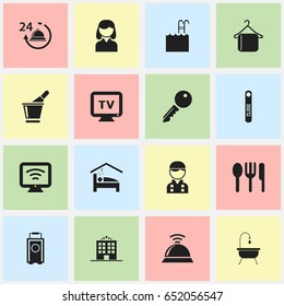 Set Of 16 Editable Plaza Icons. Includes Symbols Such As Service Bell, Wireless Tv, Unblock Access And More. Can Be Used For Web, Mobile, UI And Infographic Design.