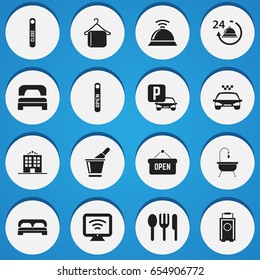 Set Of 16 Editable Plaza Icons. Includes Symbols Such As Sleeping, Hostel, Shower And More. Can Be Used For Web, Mobile, UI And Infographic Design.