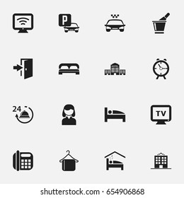 Set Of 16 Editable Plaza Icons. Includes Symbols Such As Hanger, Bedroom, Transport Car And More. Can Be Used For Web, Mobile, UI And Infographic Design.