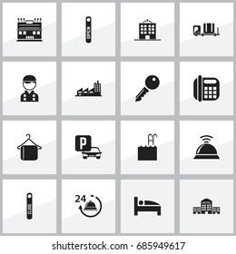 Set Of 16 Editable Plaza Icons. Includes Symbols Such As Hanger, Unblock Access, Reception And More. Can Be Used For Web, Mobile, UI And Infographic Design.