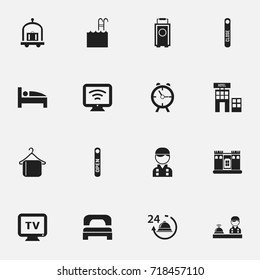 Set Of 16 Editable Plaza Icons. Includes Symbols Such As Employee, Sleeping, Check In And More. Can Be Used For Web, Mobile, UI And Infographic Design.