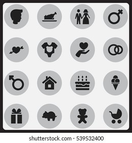 Set Of 16 Editable Relatives Icons. Includes Symbols Such As Woman Sign, Man Emblem, Married And More. Can Be Used For Web, Mobile, UI And Infographic Design.