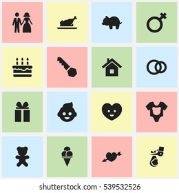 Set Of 16 Editable Relatives Icons. Includes Symbols Such As Gift, Toy, Lock And More. Can Be Used For Web, Mobile, UI And Infographic Design.