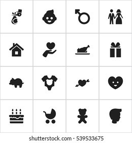 Set Of 16 Editable Relatives Icons. Includes Symbols Such As Patisserie, Toy, Soul And More. Can Be Used For Web, Mobile, UI And Infographic Design.
