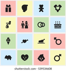 Set Of 16 Editable Relatives Icons. Includes Symbols Such As Patisserie, Baby, Gift And More. Can Be Used For Web, Mobile, UI And Infographic Design.
