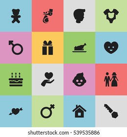 Set Of 16 Editable Relatives Icons. Includes Symbols Such As Child, Bodysuit, Married And More. Can Be Used For Web, Mobile, UI And Infographic Design.