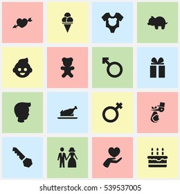 Set Of 16 Editable Relatives Icons. Includes Symbols Such As Baby, Gift, Cold Dessert And More. Can Be Used For Web, Mobile, UI And Infographic Design.