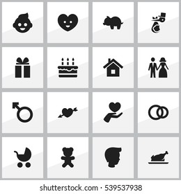 Set Of 16 Editable Relatives Icons. Includes Symbols Such As Child, Patisserie, Soul And More. Can Be Used For Web, Mobile, UI And Infographic Design.