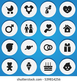 Set Of 16 Editable Relatives Icons. Includes Symbols Such As Patisserie, Heart, Perambulator And More. Can Be Used For Web, Mobile, UI And Infographic Design.