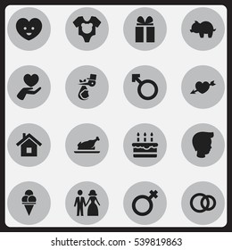 Set Of 16 Editable Relatives Icons. Includes Symbols Such As Soul, Bodysuit, Fried Chicken And More. Can Be Used For Web, Mobile, UI And Infographic Design.