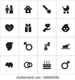 Set Of 16 Editable Relatives Icons. Includes Symbols Such As Child, Moneybox, Man Emblem And More. Can Be Used For Web, Mobile, UI And Infographic Design.