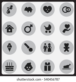 Set Of 16 Editable Relatives Icons. Includes Symbols Such As Patisserie, Married, Hoop And More. Can Be Used For Web, Mobile, UI And Infographic Design.