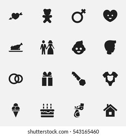Set Of 16 Editable Relatives Icons. Includes Symbols Such As Soul, Fried Chicken, Patisserie And More. Can Be Used For Web, Mobile, UI And Infographic Design.