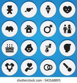Set Of 16 Editable Relatives Icons. Includes Symbols Such As Cold Dessert, Heart, Soul And More. Can Be Used For Web, Mobile, UI And Infographic Design.