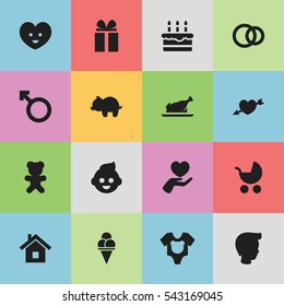 Set Of 16 Editable Relatives Icons. Includes Symbols Such As Gift, Toy, Heart And More. Can Be Used For Web, Mobile, UI And Infographic Design.
