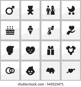Set Of 16 Editable Relatives Icons. Includes Symbols Such As Soul, Cold Dessert, Gift And More. Can Be Used For Web, Mobile, UI And Infographic Design.