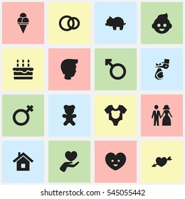 Set Of 16 Editable Relatives Icons. Includes Symbols Such As Toy, Bodysuit, Heart And More. Can Be Used For Web, Mobile, UI And Infographic Design.