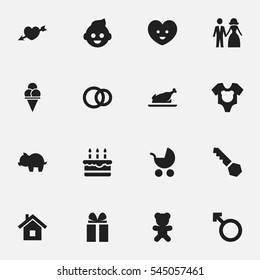 Set Of 16 Editable Relatives Icons. Includes Symbols Such As Baby, Bodysuit, Married And More. Can Be Used For Web, Mobile, UI And Infographic Design.