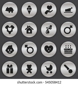 Set Of 16 Editable Relatives Icons. Includes Symbols Such As Toy, Bodysuit, Soul And More. Can Be Used For Web, Mobile, UI And Infographic Design.