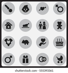 Set Of 16 Editable Relatives Icons. Includes Symbols Such As Heart, Lock, Hoop And More. Can Be Used For Web, Mobile, UI And Infographic Design.