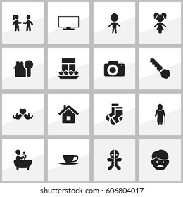 Set Of 16 Editable Relatives Icons. Includes Symbols Such As Monitor, Boy, Tub And More. Can Be Used For Web, Mobile, UI And Infographic Design.