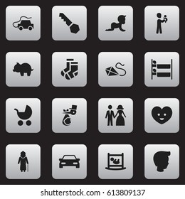 Set Of 16 Editable Relatives Icons. Includes Symbols Such As Automobile, Married, Infant Bed And More. Can Be Used For Web, Mobile, UI And Infographic Design.