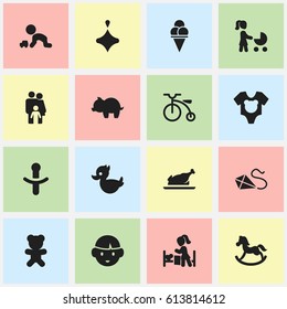 Set Of 16 Editable Relatives Icons. Includes Symbols Such As Cold Dessert, Toy, Pony And More. Can Be Used For Web, Mobile, UI And Infographic Design.