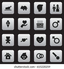 Set Of 16 Editable Relatives Icons. Includes Symbols Such As Heart, Moneybox, Lock And More. Can Be Used For Web, Mobile, UI And Infographic Design.