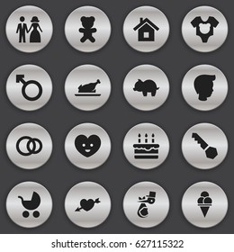 Set Of 16 Editable Relatives Icons. Includes Symbols Such As Man Emblem, Lock, Child And More. Can Be Used For Web, Mobile, UI And Infographic Design.