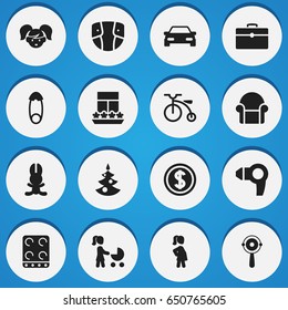 Set Of 16 Editable Relatives Icons. Includes Symbols Such As Fasten, Seat, Rattle And More. Can Be Used For Web, Mobile, UI And Infographic Design.
