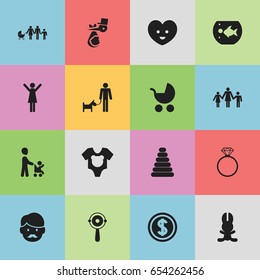 Set Of 16 Editable Relatives Icons. Includes Symbols Such As Greenback, Soul, Solitaire Diamond And More. Can Be Used For Web, Mobile, UI And Infographic Design.