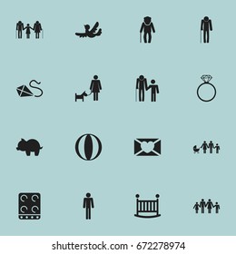 Set Of 16 Editable Relatives Icons. Includes Symbols Such As Gentlemen, Grandpa , Solitaire Diamond. Can Be Used For Web, Mobile, UI And Infographic Design.