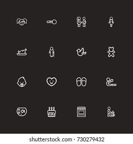 Set Of 16 Editable Relatives Outline Icons. Includes Symbols Such As Fish Tank, Home Shoes, Doll And More. Can Be Used For Web, Mobile, UI And Infographic Design.